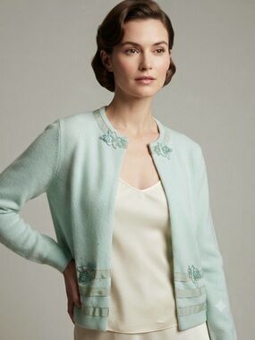 Vintage Park Storyk 1950s 1960s Mint Green Cardigan Sweater Embroidered M